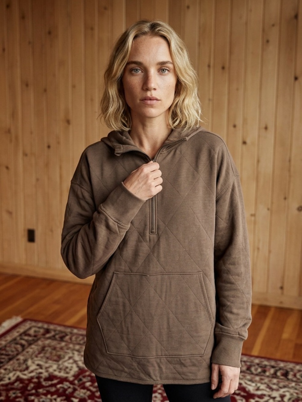 Old Navy Oversized Quilted High-Low Half-Zip Hoodie Mocha Brown